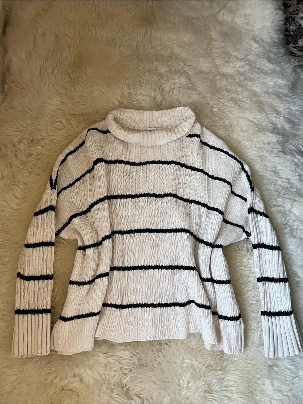 Nordstrom white & black Breton stripe cowl neck merino wool-cotton blend sweater